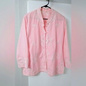 Vintage embroidered boho jacket mandarin color poly cotton pink women's 12